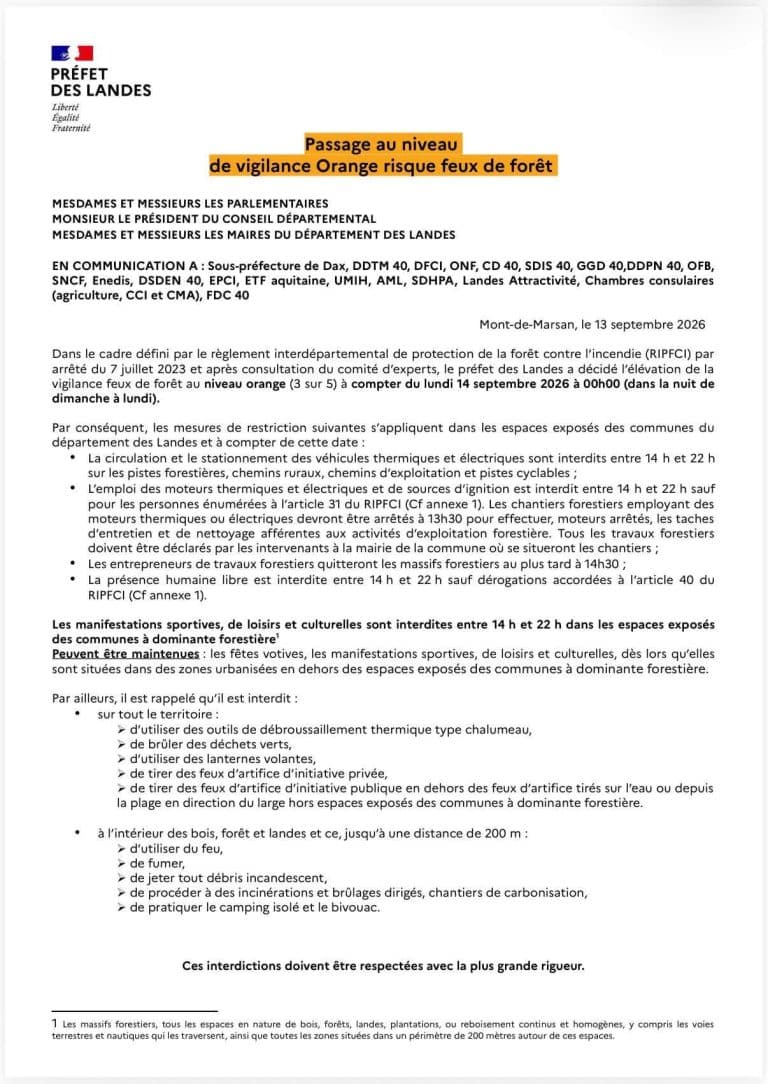 ⚠️ VIGILANCE ORANGE – RISQUE DE FEUX DE FORÊT